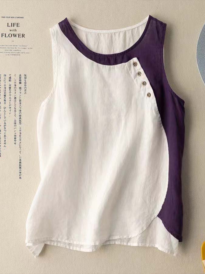 Airrys™ Women's Cotton Linen Colorblock Button Loose Sleeveless Top