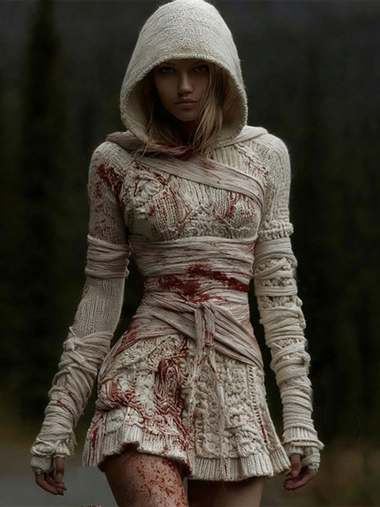 Women's Halloween Bandage Art Knit Hooded Sweater Mini Dress