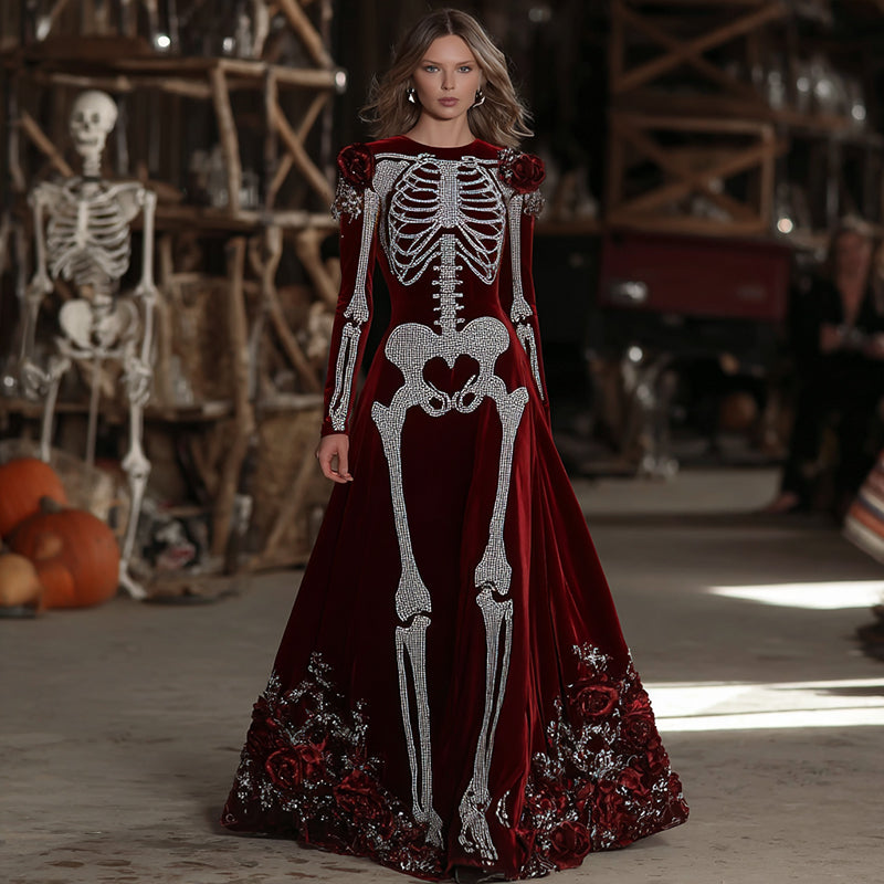 Women's Halloween Skull Floral Velvet Crew Neck Maxi Dress