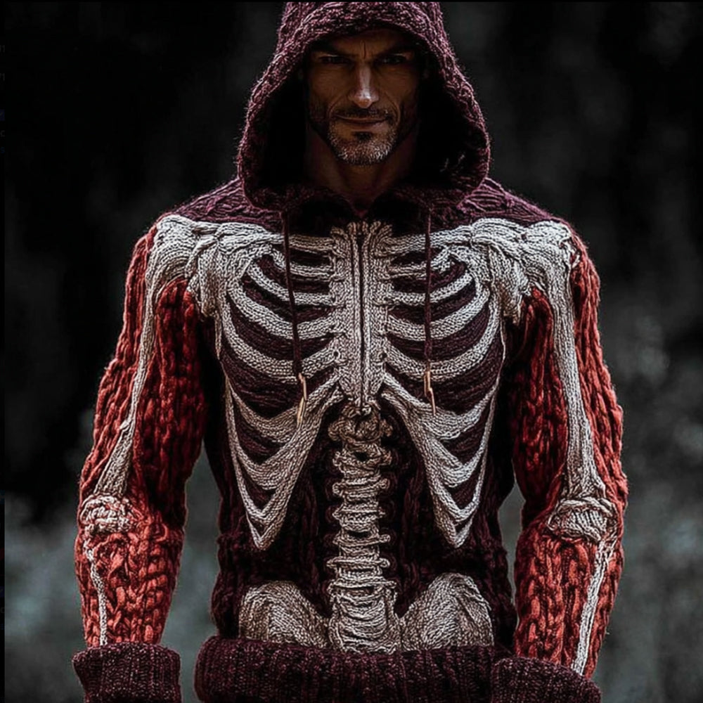 Men's Halloween Blood Stains And Human Skeleton Embroidery Hooded Sweater