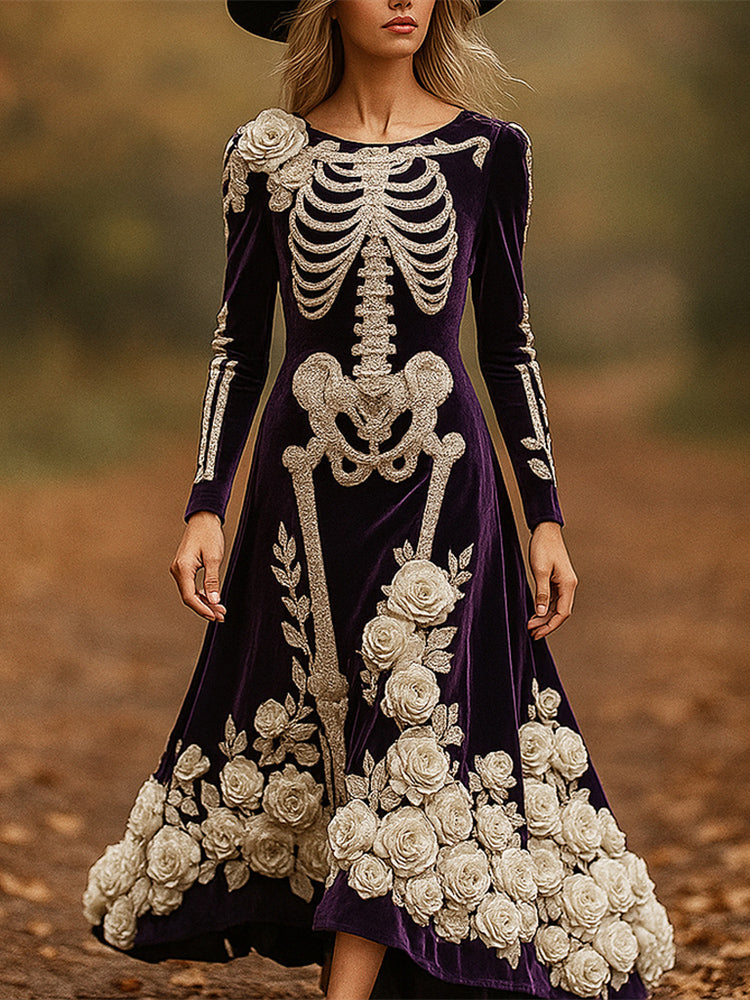 Day Of The Dead Skeleton Floral Art Women's Flannel Maxi Dress