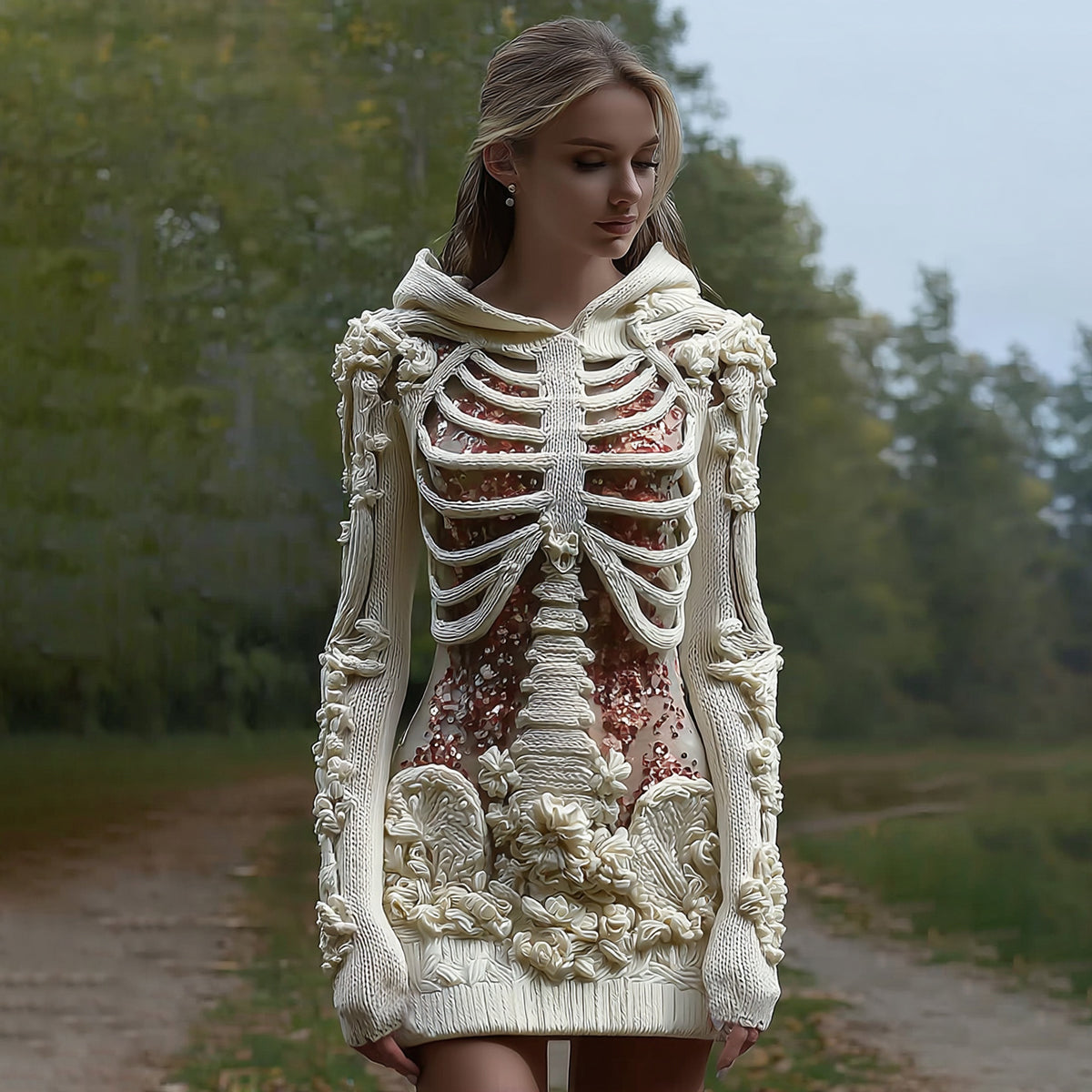 Women's Vintage Halloween Skeleton Bones With Glitter And Rose Art Cozy Knit Hooded Sweater Dress