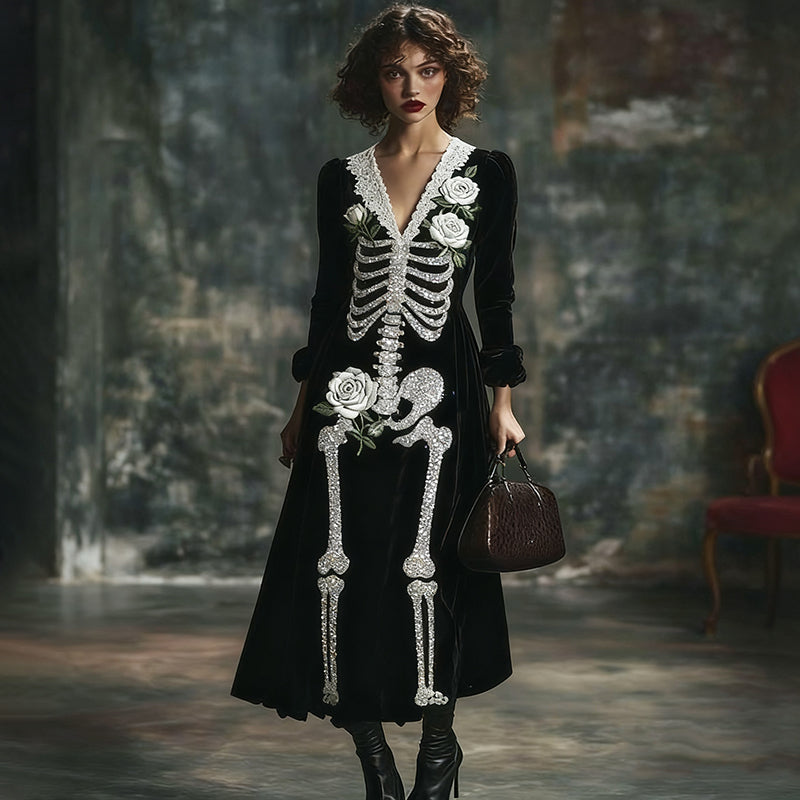 Women's Halloween White Rose Skeleton Velvet V Neck Maxi Dress