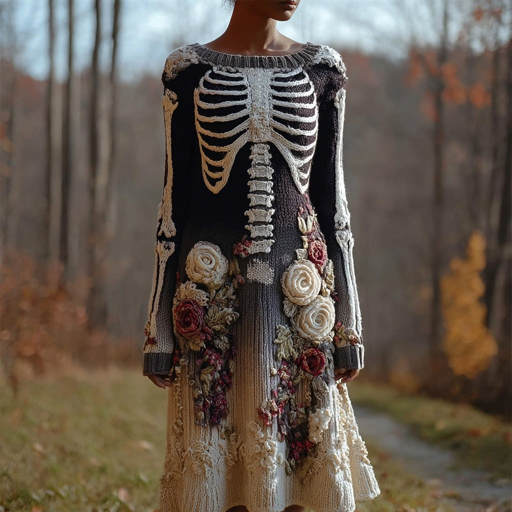 Classy Skeleton Roses Embroidered Cozy Sweater Dress