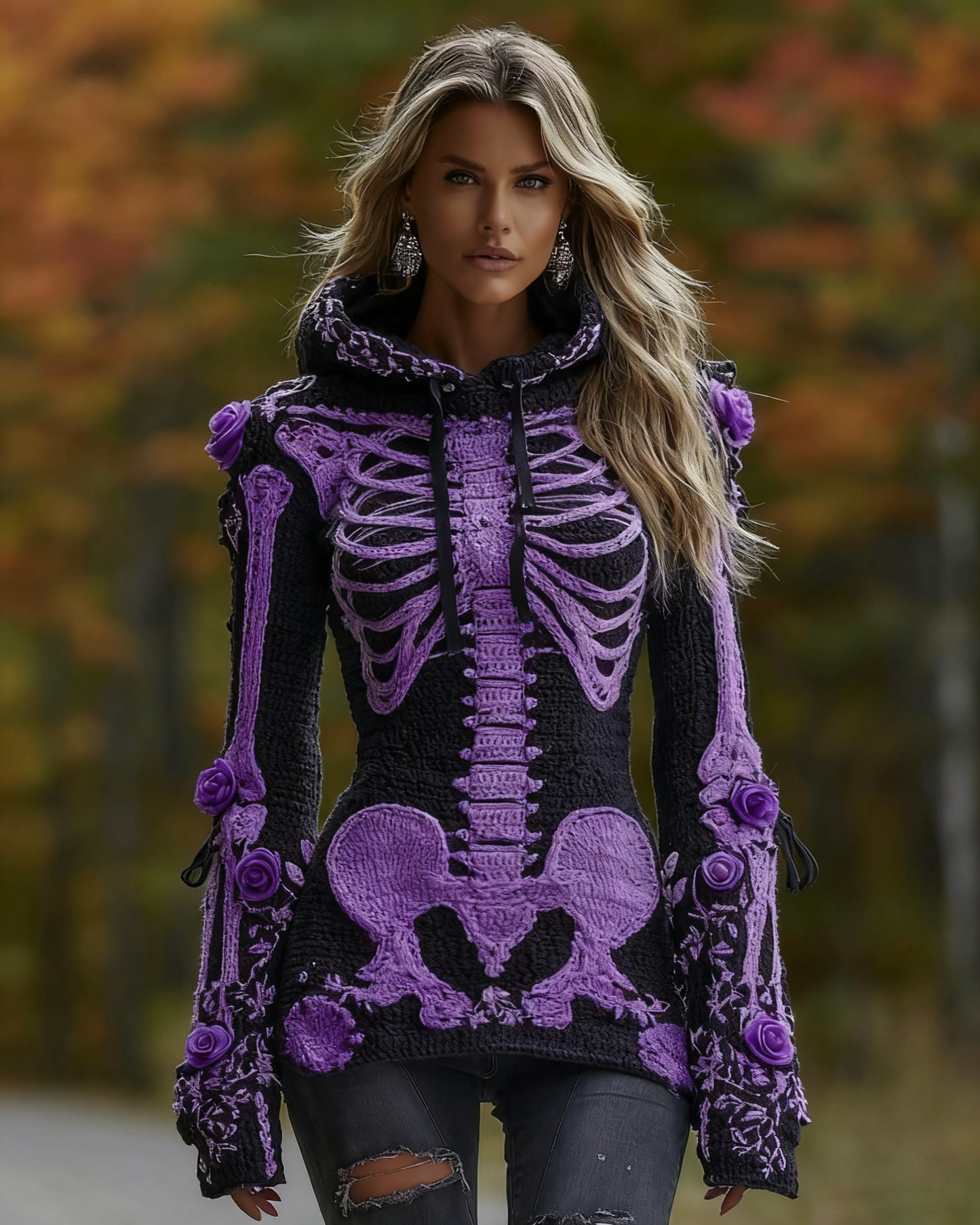 Women's Halloween Skeleton Bones With Roses Art Knitted Warm Hooded Sweater