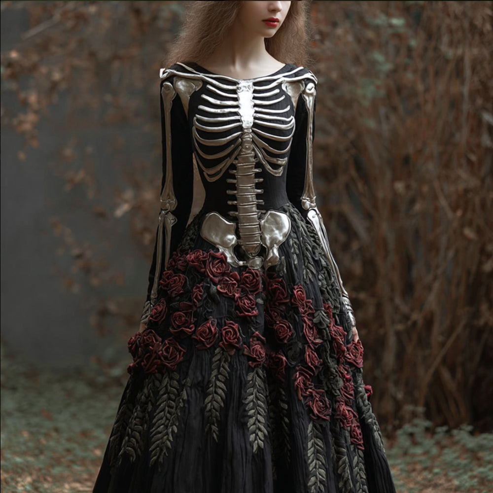 Women's Halloween Skeleton Blood Rose Art Round Neck Long Sleeve Dress