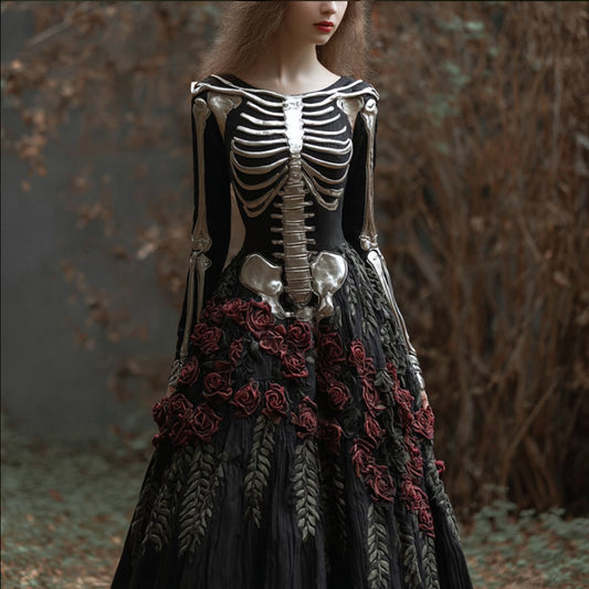 Women's Halloween Skeleton Blood Rose Art Round Neck Long Sleeve Dress