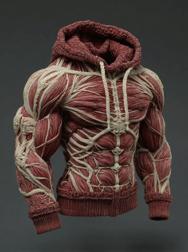 Men's Vintage Muscles Art Jacquard Cozy Hooded Sweater