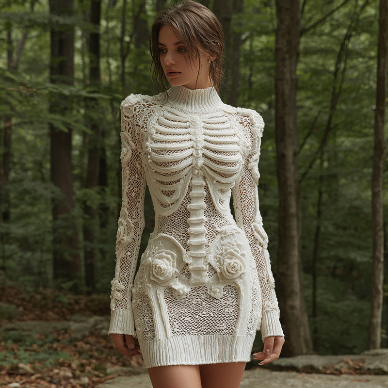 Women's Vintage Halloween Skeleton Bones Comfortable Elegant Sweater Dress