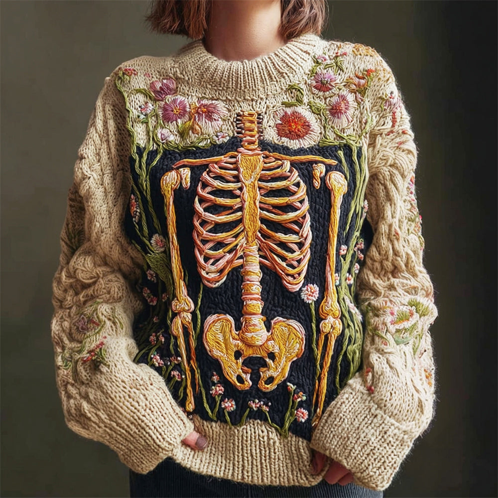 Vintage Anatomical Skeleton & Floral Embroidery Women's Knit Crew Neck Sweater