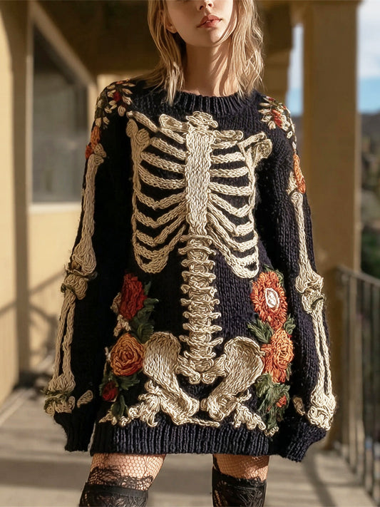 Halloween Skeleton & Floral Embroidery Women's Knit Sweater