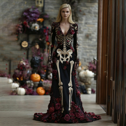 Women's Vintage Rose Skull V-neck Long Sleeve Velvet Maxi Dress