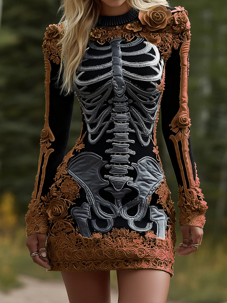 Women's Halloween Skeleton Bones Leather With Rose Pattern Art Hot Sexy Style Cozy Knit Mini Sweater Dress