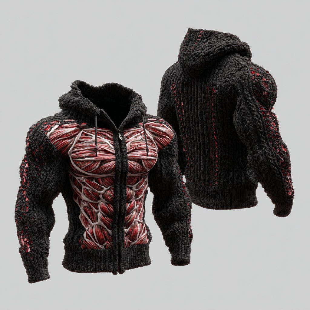 Men's Skull Line Art Knit Zip-up Hooded Sweater