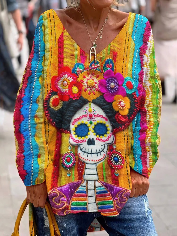 Classy Mexican Sugar Skeleton Catrina Day Of The Dead Inspired Pattern Art Printed V-Neck T-Shirt