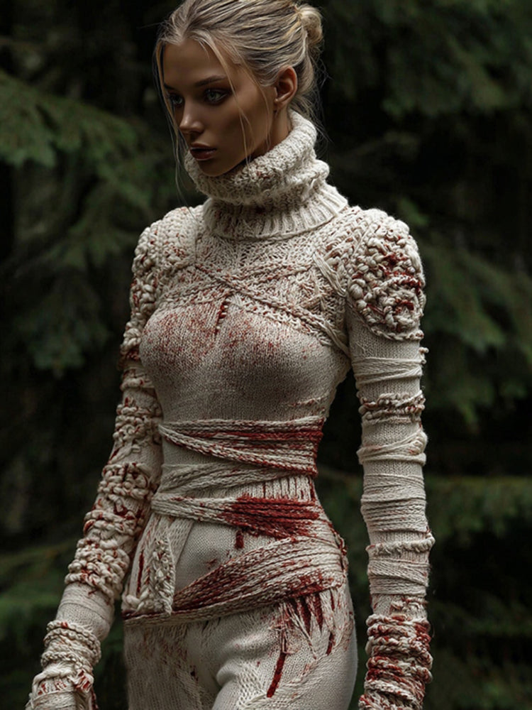 Women's Halloween Bandage Art Cozy Knit Turtleneck Sweater