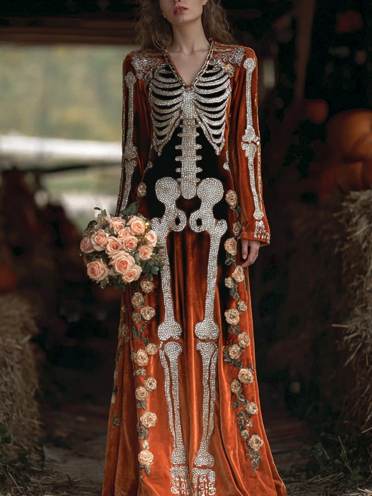 Vintage Glitter Skeleton Roses Embroidered Comfy Maxi Velvet Dress
