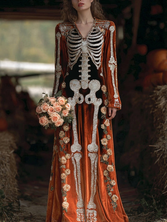 Vintage Glitter Skeleton Roses Embroidered Comfy Maxi Velvet Dress