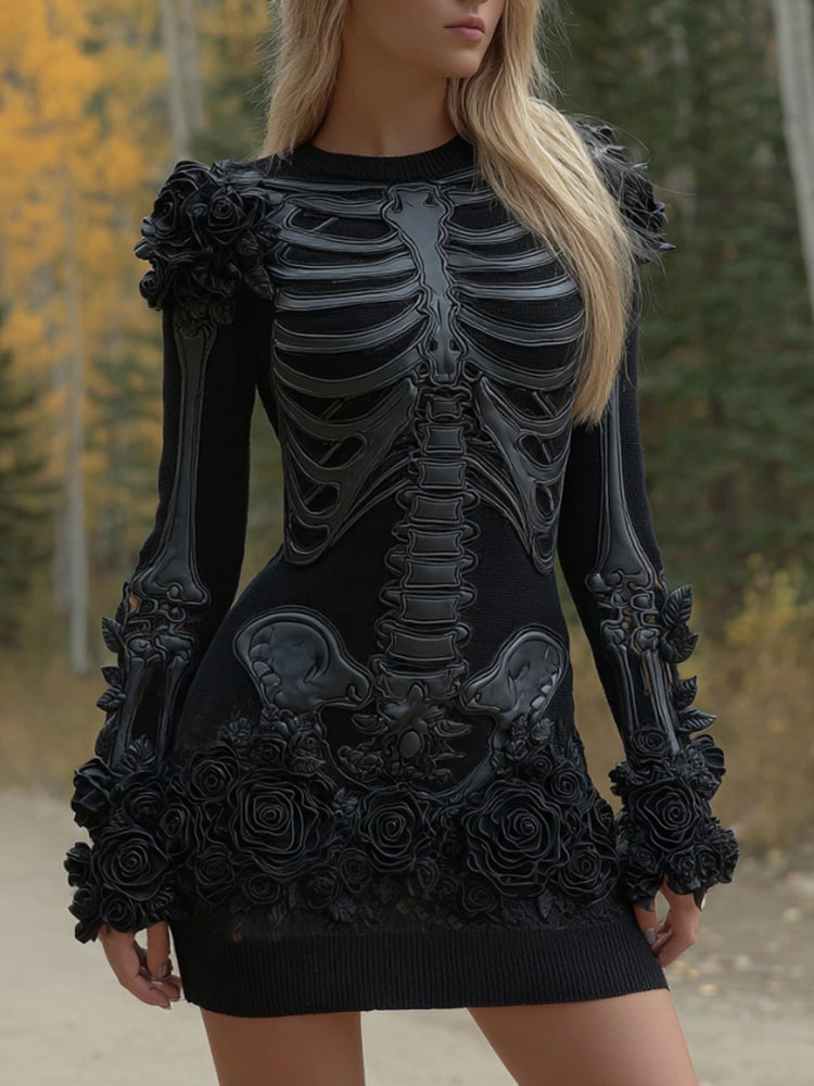 Women's Halloween Skeleton Flower Art Embroidery Cozy Knit Mini Sweater Dress