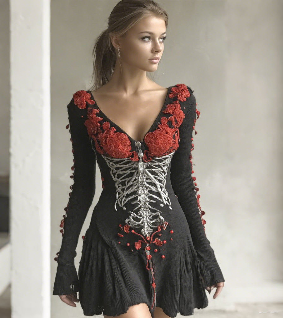 Women's Halloween Skull Art V-neck Skirt