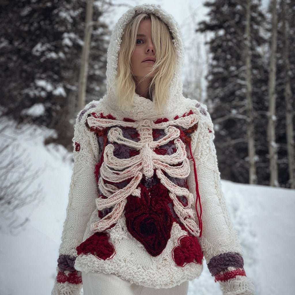 Vintage Halloween Anatomy Art Knit Fuzzy Hooded Sweater