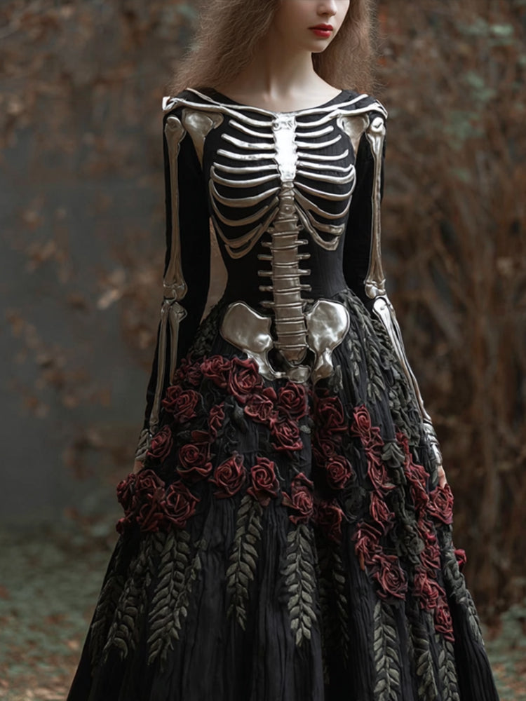Women's Halloween Skeleton Blood Rose Art Round Neck Long Sleeve Dress