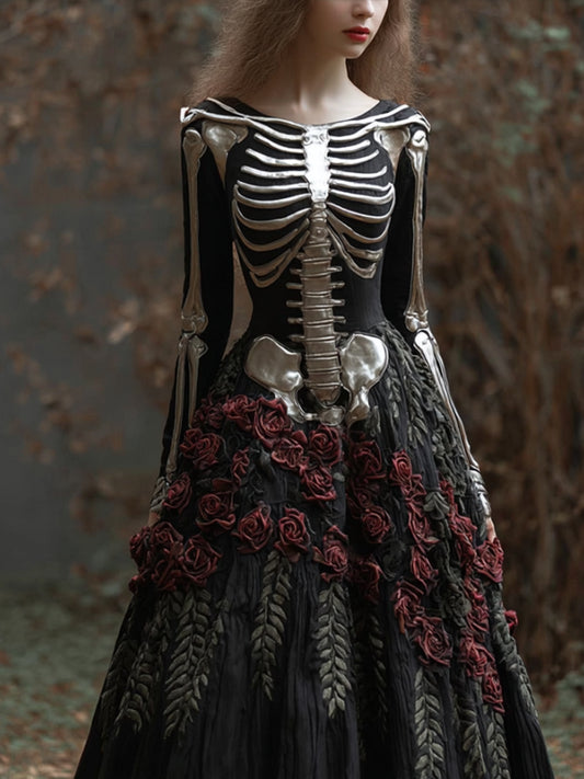 Women's Halloween Skeleton Blood Rose Art Round Neck Long Sleeve Dress