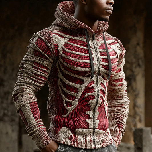 Halloween Bloody Skeleton Bandage Art Men's Knit Hooded Zip-up Sweater