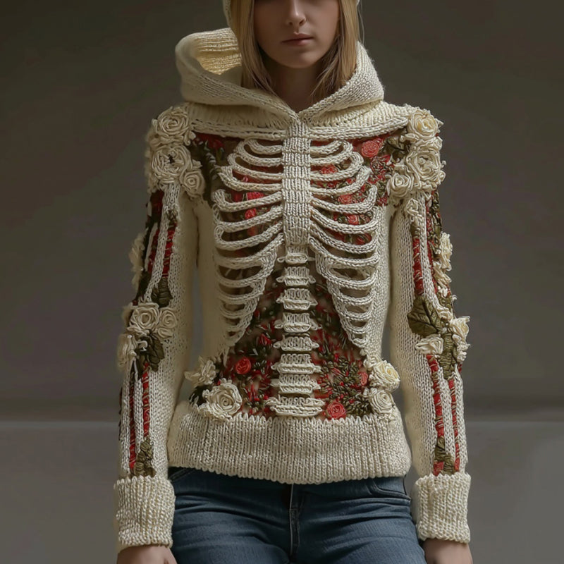 Women's Halloween Skeleton Bones Roses Art Knitted Warm Hooded Sweater