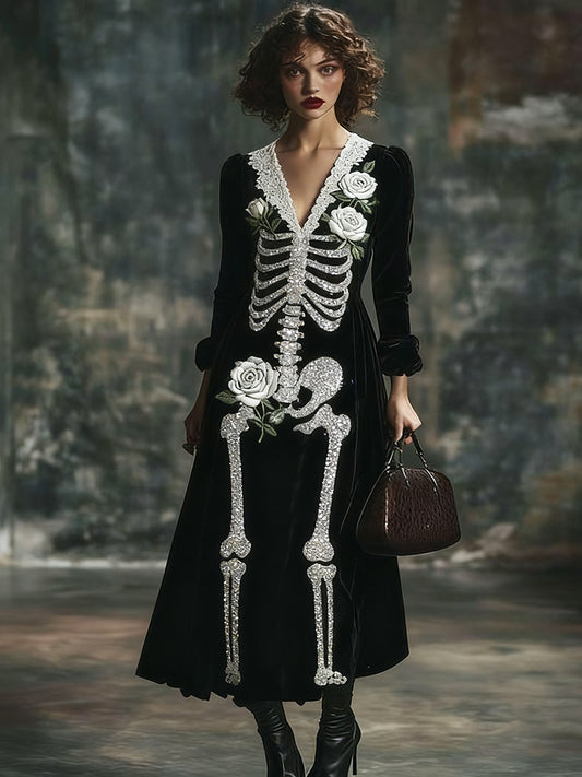 Women's Halloween White Rose Skeleton Velvet V Neck Maxi Dress