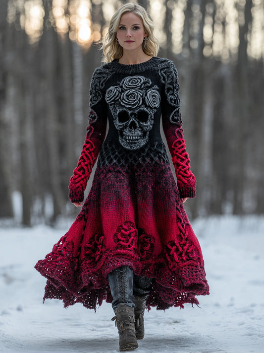 Women's Vintage Celtic Skull Gradient Art Comfy Sweater Long Dress