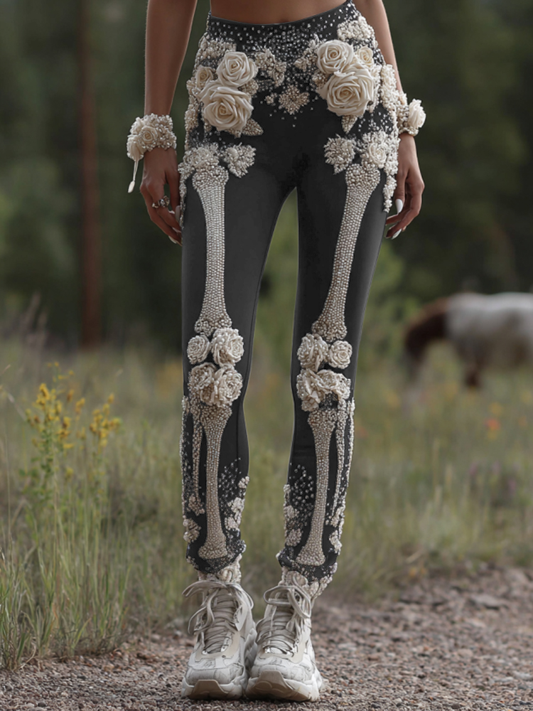 Vintage Halloween Skeleton Bones With Rose Art Cozy Knit Leggings