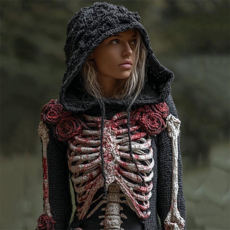 Halloween Bloody Roses Skeleton Crochet Cozy Knit Hooded Sweater