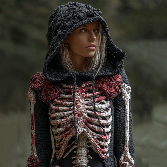 Halloween Bloody Roses Skeleton Crochet Cozy Knit Hooded Sweater