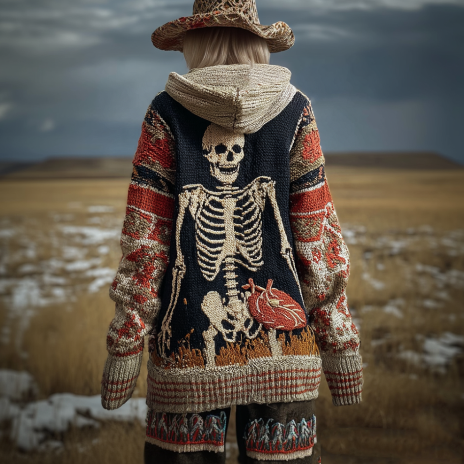 Halloween Skeleton Bone Design Women's Knit Hooded Sweater Coat