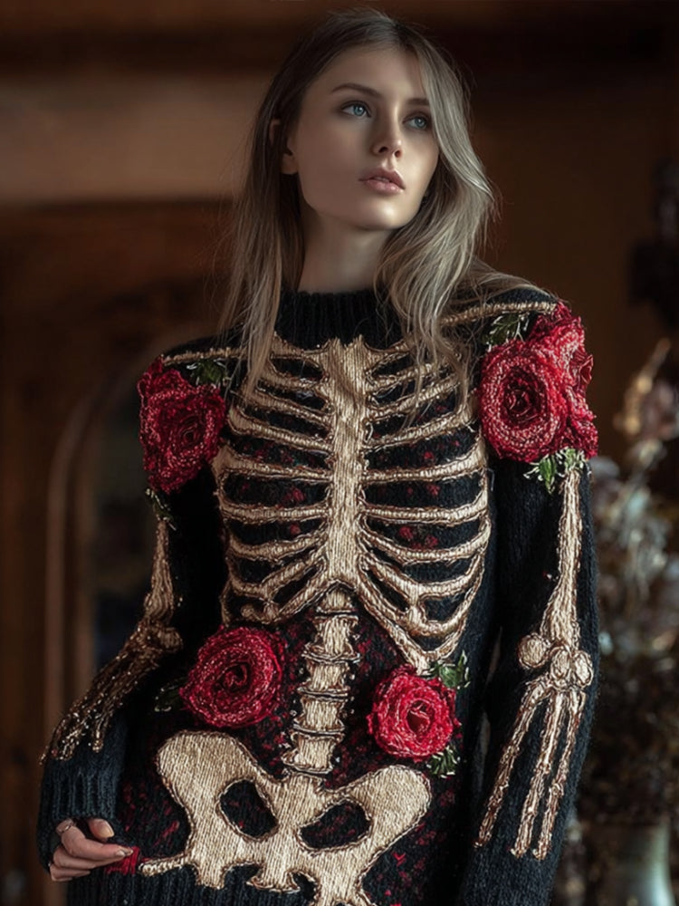 Women's Halloween Skeleton And Anatomy Art Knitted Round Neck Sweater
