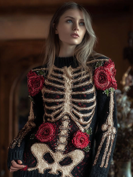 Women's Halloween Skeleton And Anatomy Art Knitted Round Neck Sweater