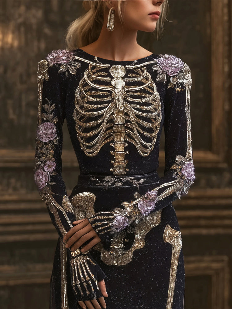 Glamorous Skull Floral Sequin Art Women's Maxi Dress