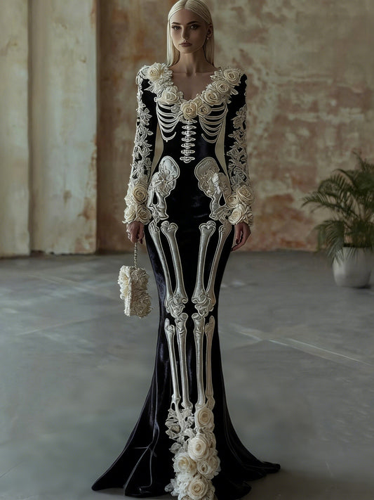 Women's Vintage Halloween Skull Rose Art Velvet V Neck Maxi Dress