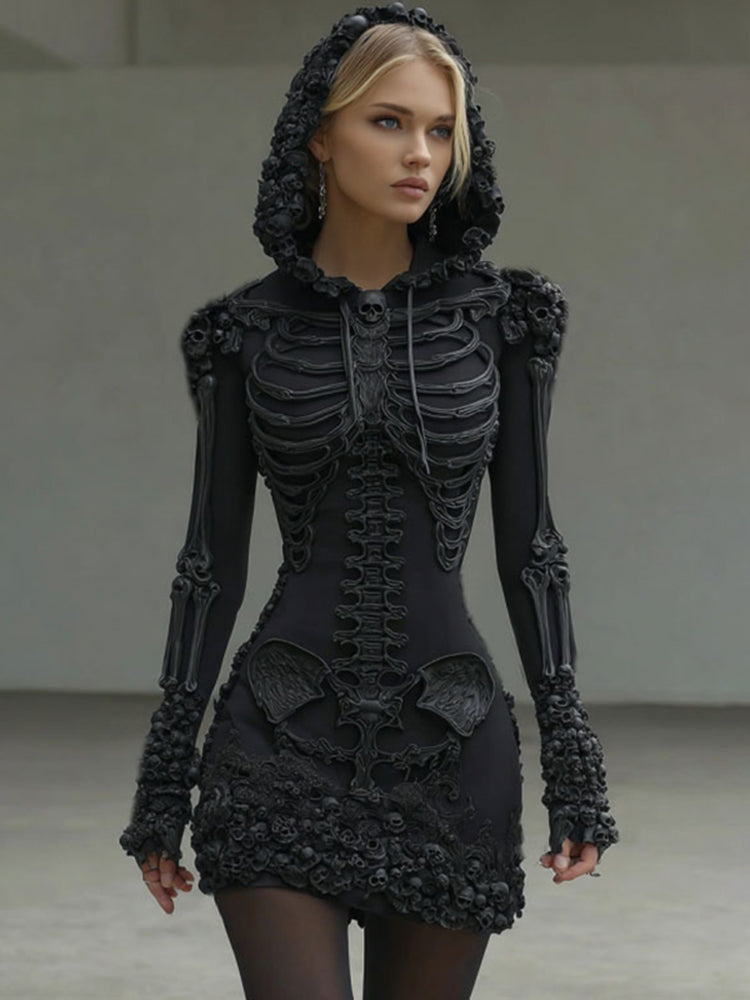 Women's Vintage Halloween Skeleton Skull Art Cozy Hooded Dress