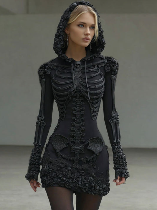 Women's Vintage Halloween Skeleton Skull Art Cozy Hooded Dress