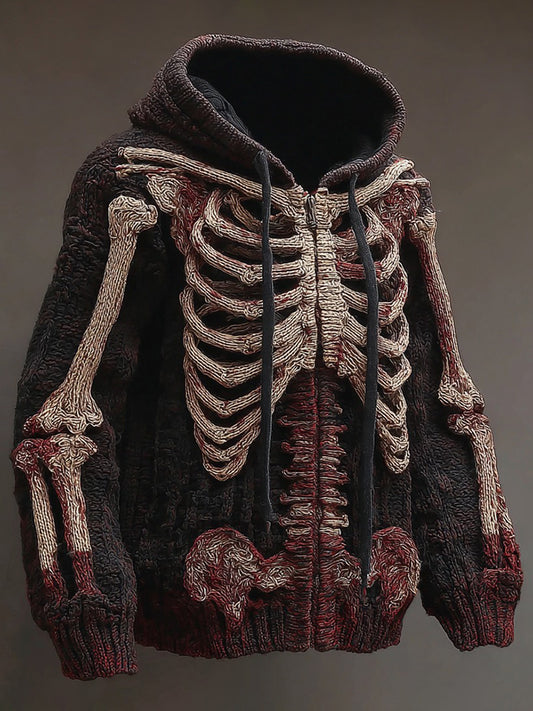 Men's Vintage Halloween Anatomy Art Knit Zip-up Hooded Sweater