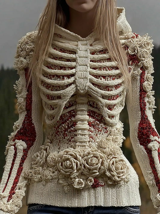 Women's Halloween Skeleton Bones Roses Art Knitted Warm Hooded Sweater