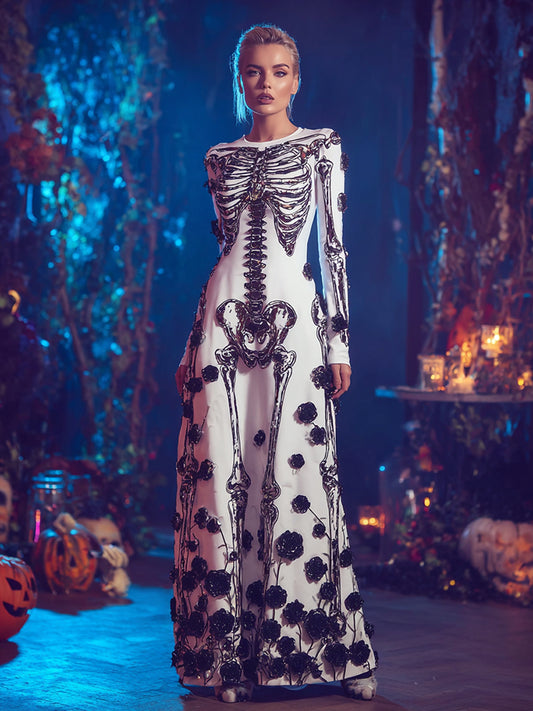 Women's Halloween Skeleton Bones And Rose Velvet Maxi Dress