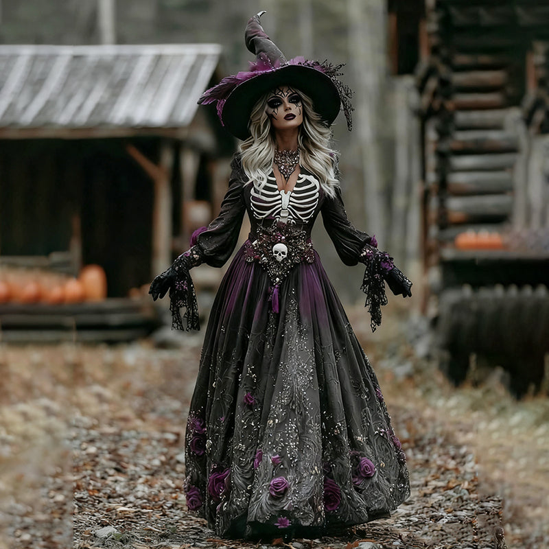 Women's Halloween Skull Floral Embroidered Witch Maxi Dress