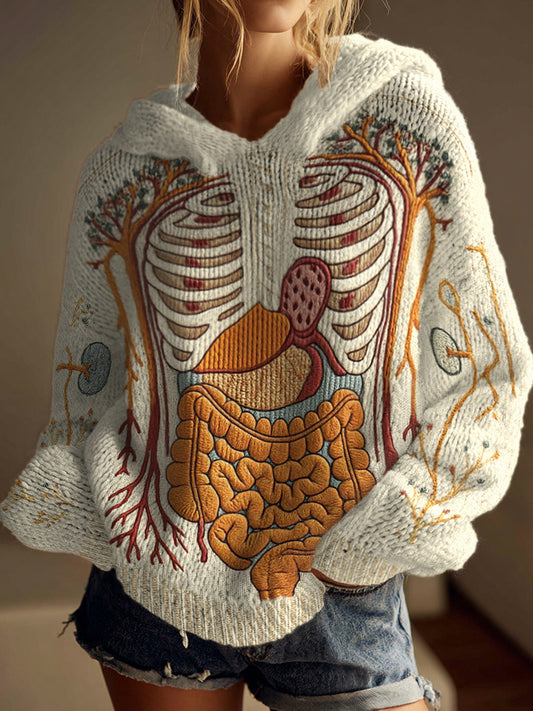 Vintage Halloween Anatomy Art Chunky Knitted Hooded Sweater