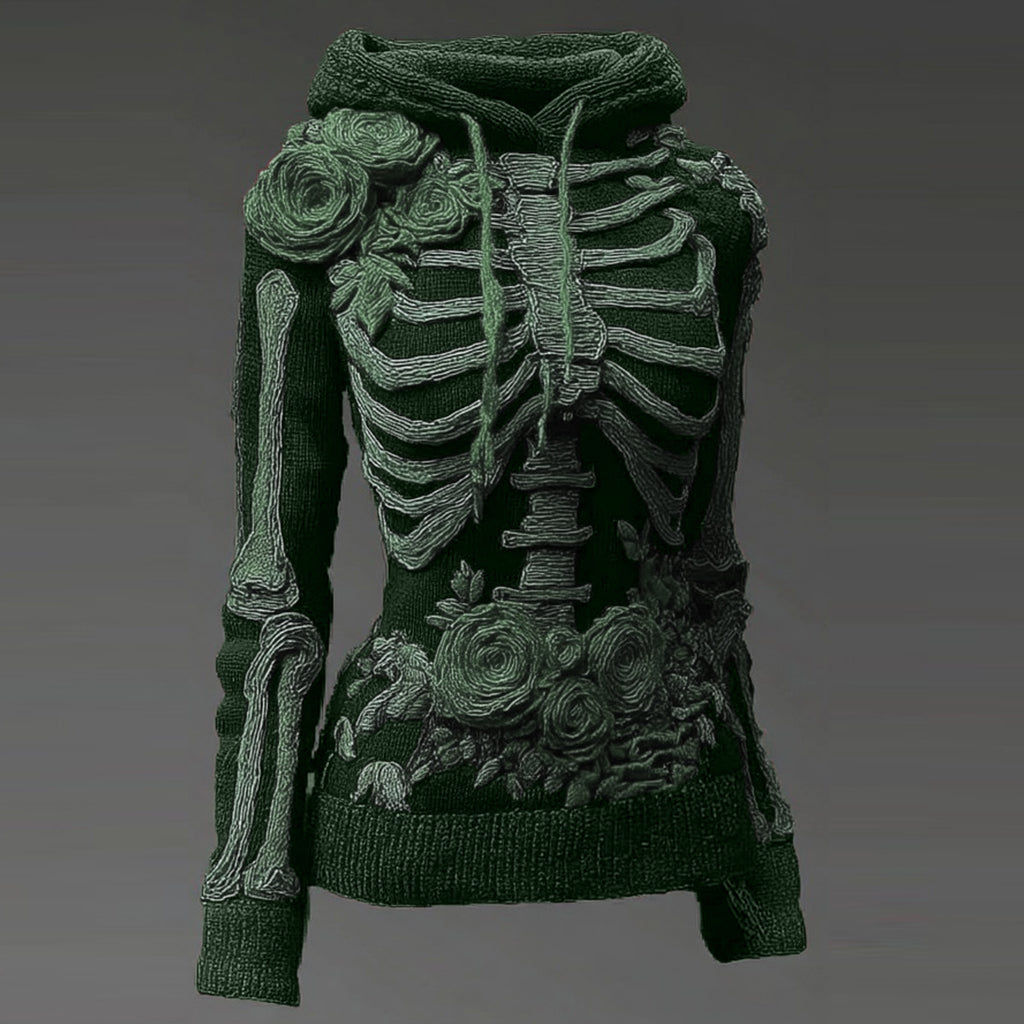 Vintage Halloween Anatomy And Rose Art Knit Hooded Sweater