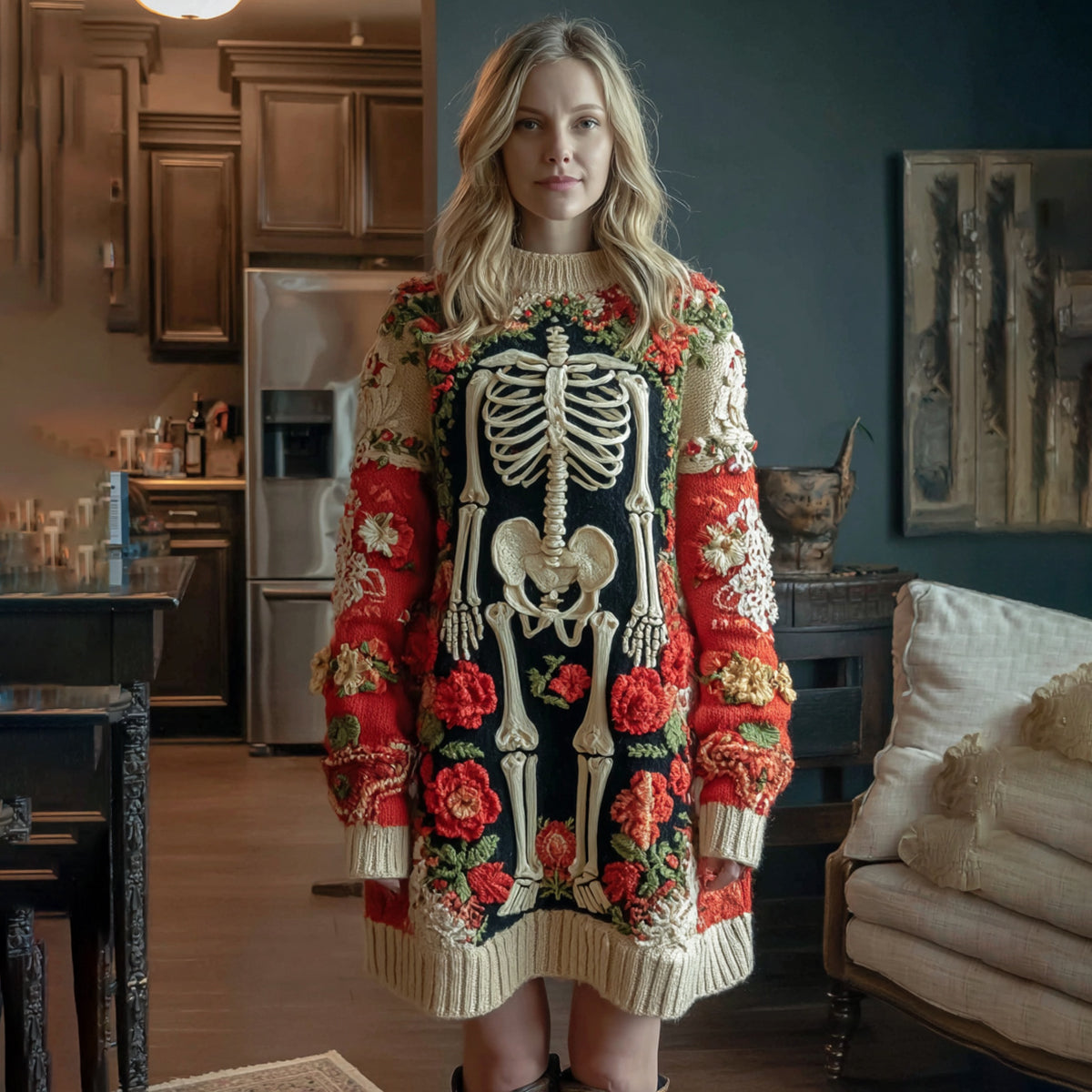 Women's Halloween Skull Flower Art Cozy Knit Sweater Mini Dress