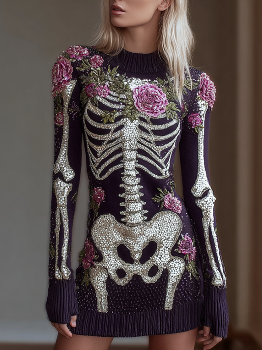 Woman's Round-necked Knitted Sweater Dress With A Skeleton Design Combined With Plant And Flower Patterns For Halloween.
