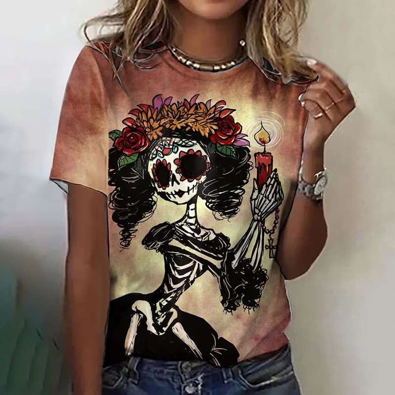 Retro Day Of The Dead Mexican La Catrina Art Pattern Print Cotton Graphic T-Shirt
